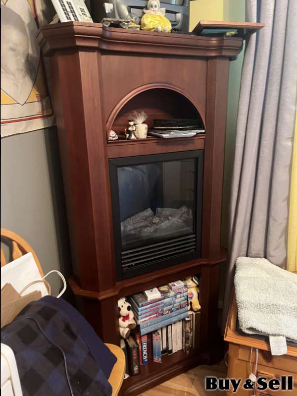 Corner wooden cabinet fireplace with bookshelves
