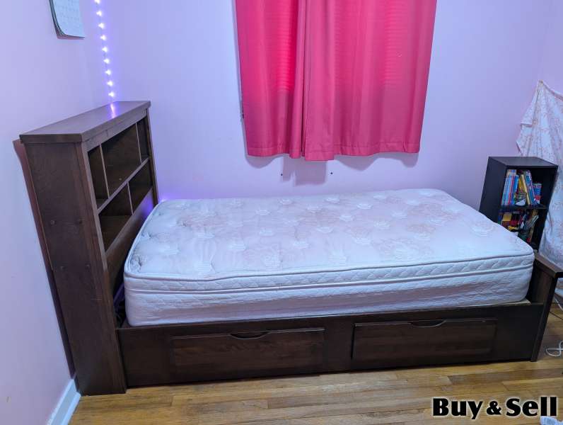 Twin mates bed, bookcase headboard and pillow-top 